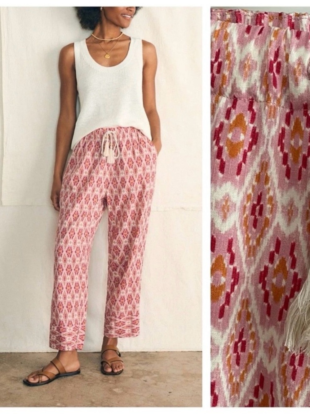 Faherty Pacific Beach Linen Pant Clara Pink White Orange Ikat XS